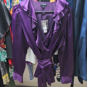 Women's Satin Purple Ruffle wrap blouse